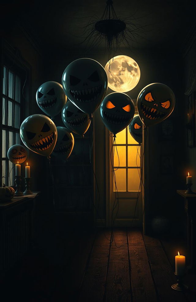 A dark and eerie scene featuring spooky balloons, floating in a dimly lit haunted room