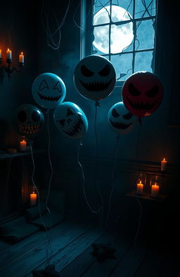 A dark and eerie scene featuring spooky balloons, floating in a dimly lit haunted room