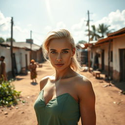 A scene depicting a beautiful, confident white woman standing in an open area of a poor town in Africa, showcasing her striking features and captivating presence
