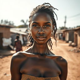 A scene depicting a beautiful, confident white woman standing in an open area of a poor town in Africa, showcasing her striking features and captivating presence