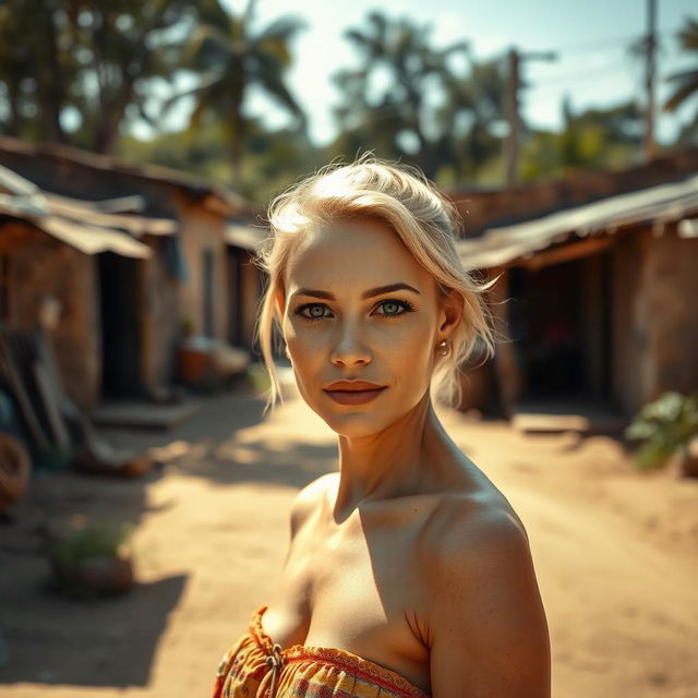 A scene depicting a beautiful, confident white woman standing in an open area of a poor town in Africa, showcasing her striking features and captivating presence