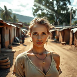 A scene depicting a beautiful, confident white woman standing in an open area of a poor town in Africa, showcasing her striking features and captivating presence