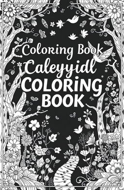 A striking black and white coloring book cover featuring a whimsical, intricate design