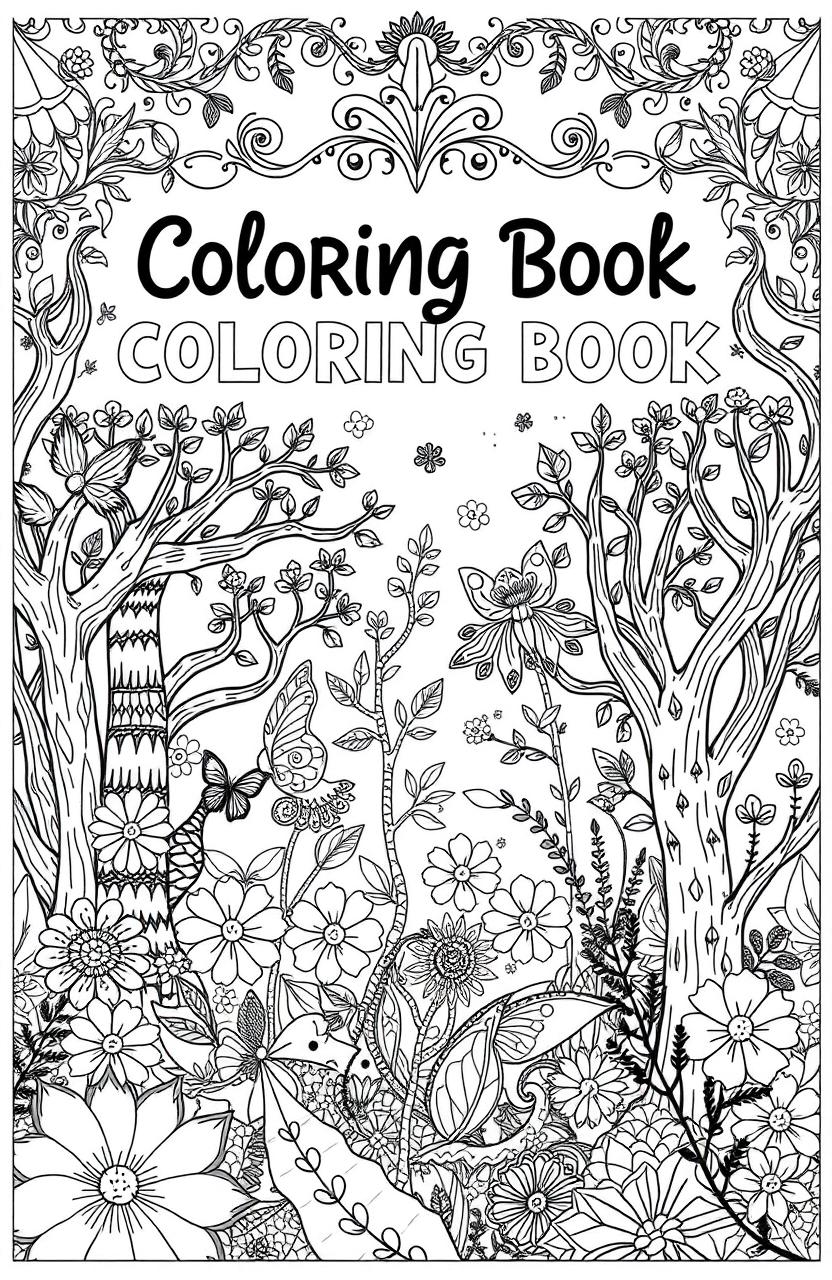 A striking black and white coloring book cover featuring a whimsical, intricate design