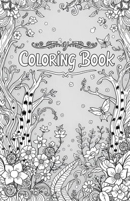 A striking black and white coloring book cover featuring a whimsical, intricate design