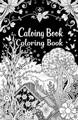 A striking black and white coloring book cover featuring a whimsical, intricate design