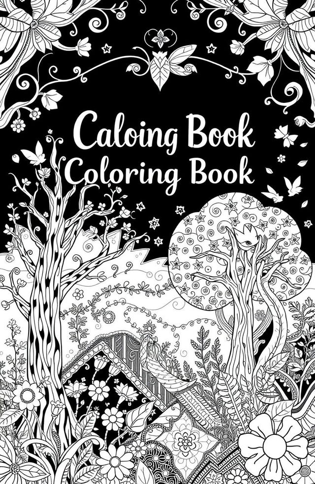 A striking black and white coloring book cover featuring a whimsical, intricate design