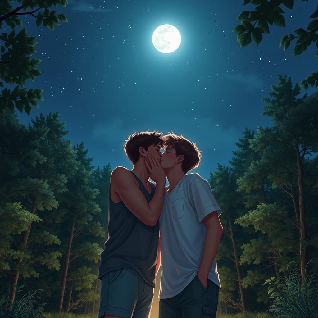 A romantic scene of two teenage boys sharing a soft kiss under the moonlight in a lush forest