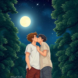 A romantic scene of two teenage boys sharing a soft kiss under the moonlight in a lush forest