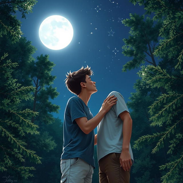 A romantic scene of two teenage boys sharing a soft kiss under the moonlight in a lush forest