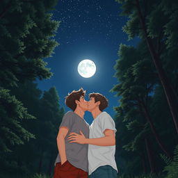 A romantic scene of two teenage boys sharing a soft kiss under the moonlight in a lush forest