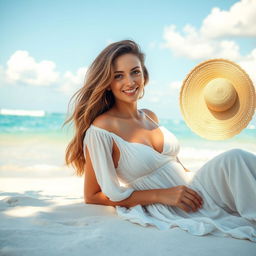 A beautiful woman lounging on a sunny beach, wearing a light, flowing dress that gently drapes over her shoulders, giving an impression of elegance and freedom