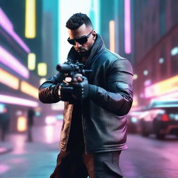 Craft a hyper-realistic, 4K image of a cool, handsome man in a cyberpunk style, engaged in a fight, handling a sniper rifle with a poised stance