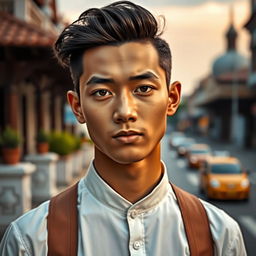 A handsome young Indonesian man with a fair complexion, showcasing his Central Asian heritage