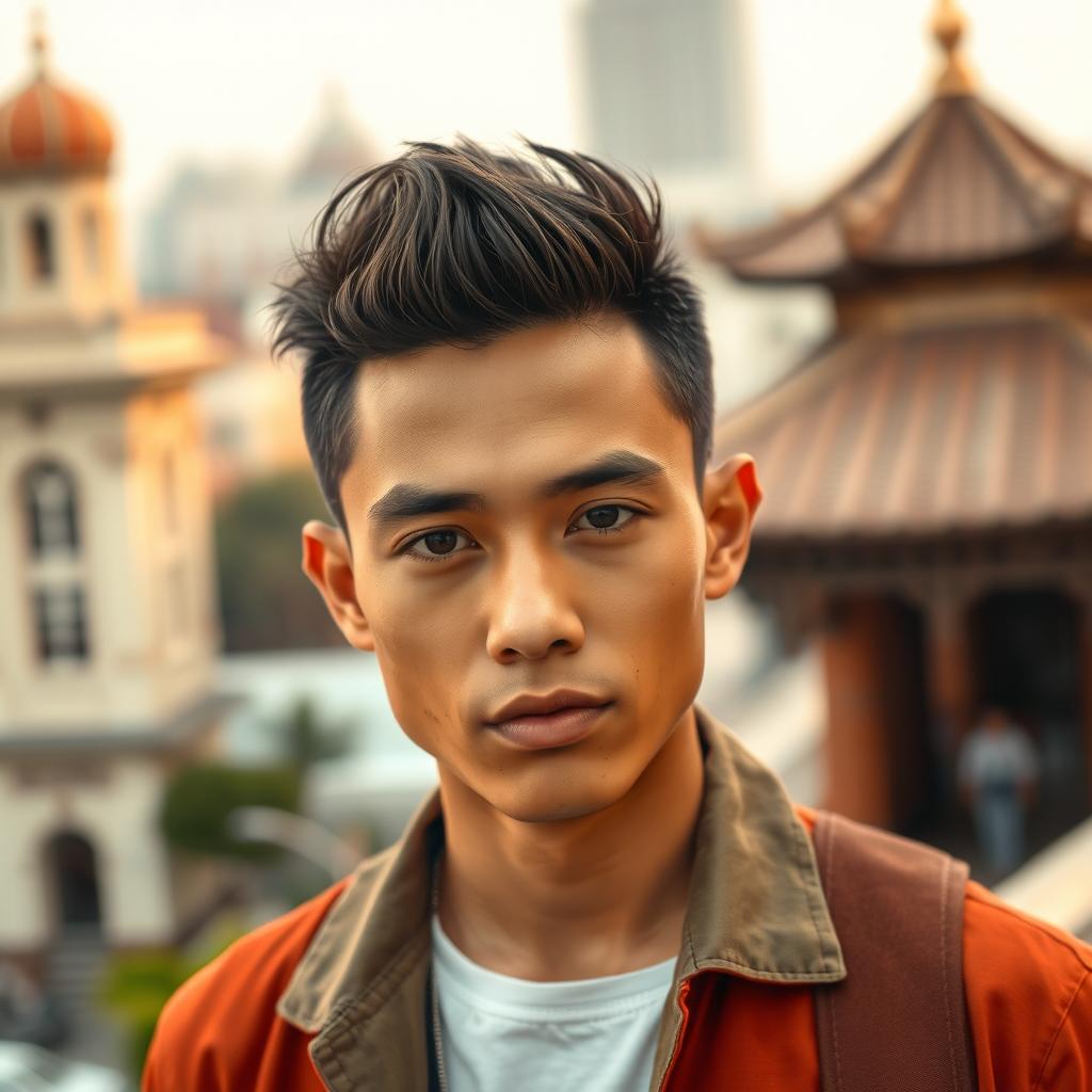 A handsome young Indonesian man with a fair complexion, showcasing his Central Asian heritage