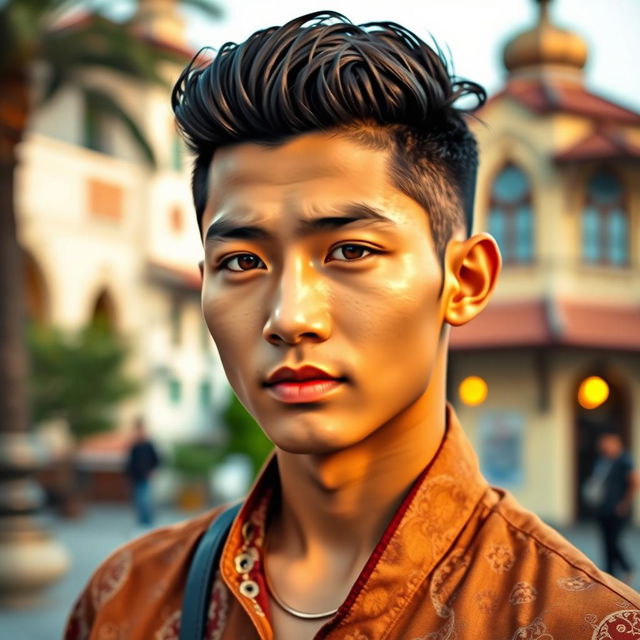 A handsome young Indonesian man with a fair complexion, showcasing his Central Asian heritage