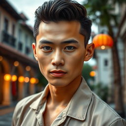 A handsome young Indonesian man with a fair complexion, showcasing his Central Asian heritage