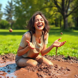 A 3D image of a woman joyfully playing in the mud, her hair tousled and cheeks splashed with brown earth
