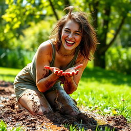 A 3D image of a woman joyfully playing in the mud, her hair tousled and cheeks splashed with brown earth
