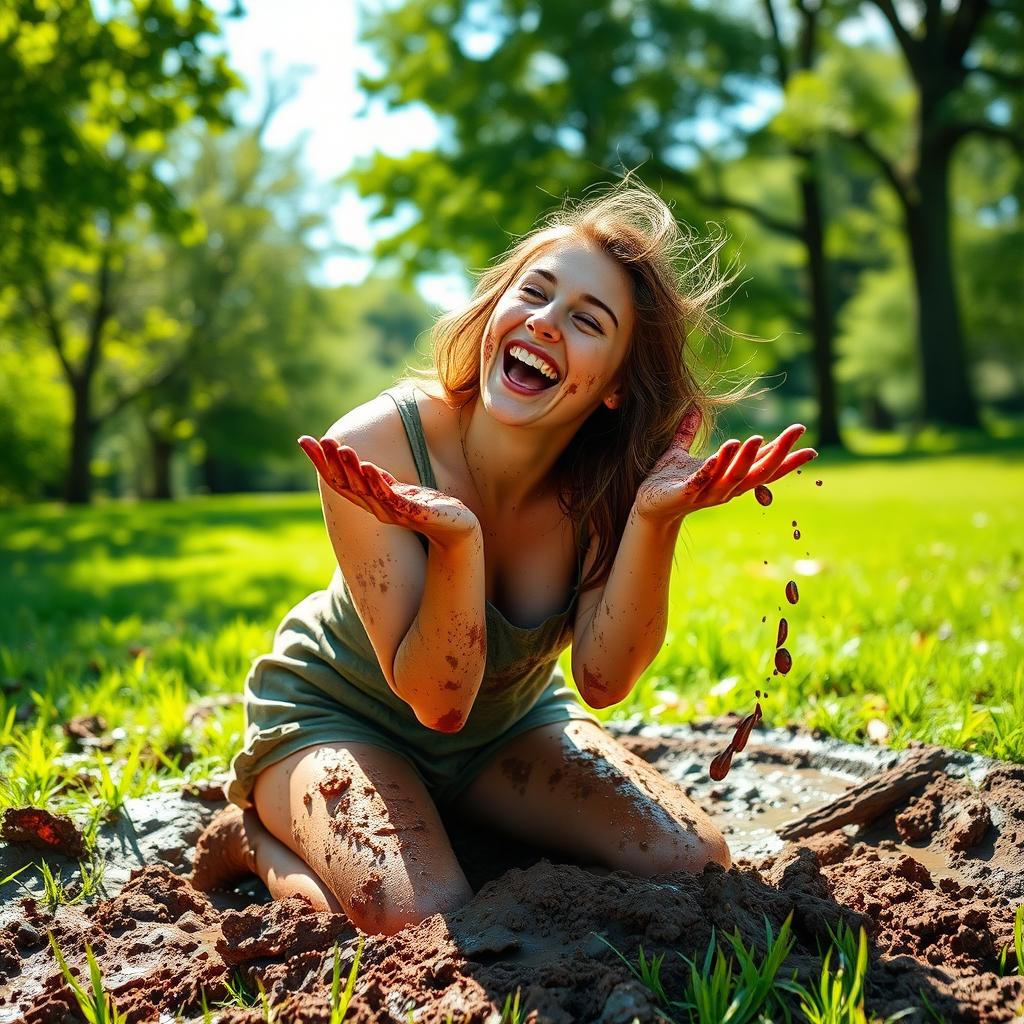 A 3D image of a woman joyfully playing in the mud, her hair tousled and cheeks splashed with brown earth