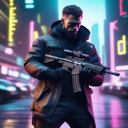 Craft a hyper-realistic, 4K image of a cool, handsome man in a cyberpunk style, engaged in a fight, handling a sniper rifle with a poised stance