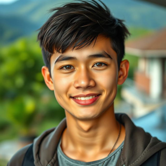 A handsome young Indonesian man with a fair complexion, showcasing Central Asian heritage, characterized by his sweet and charming demeanor