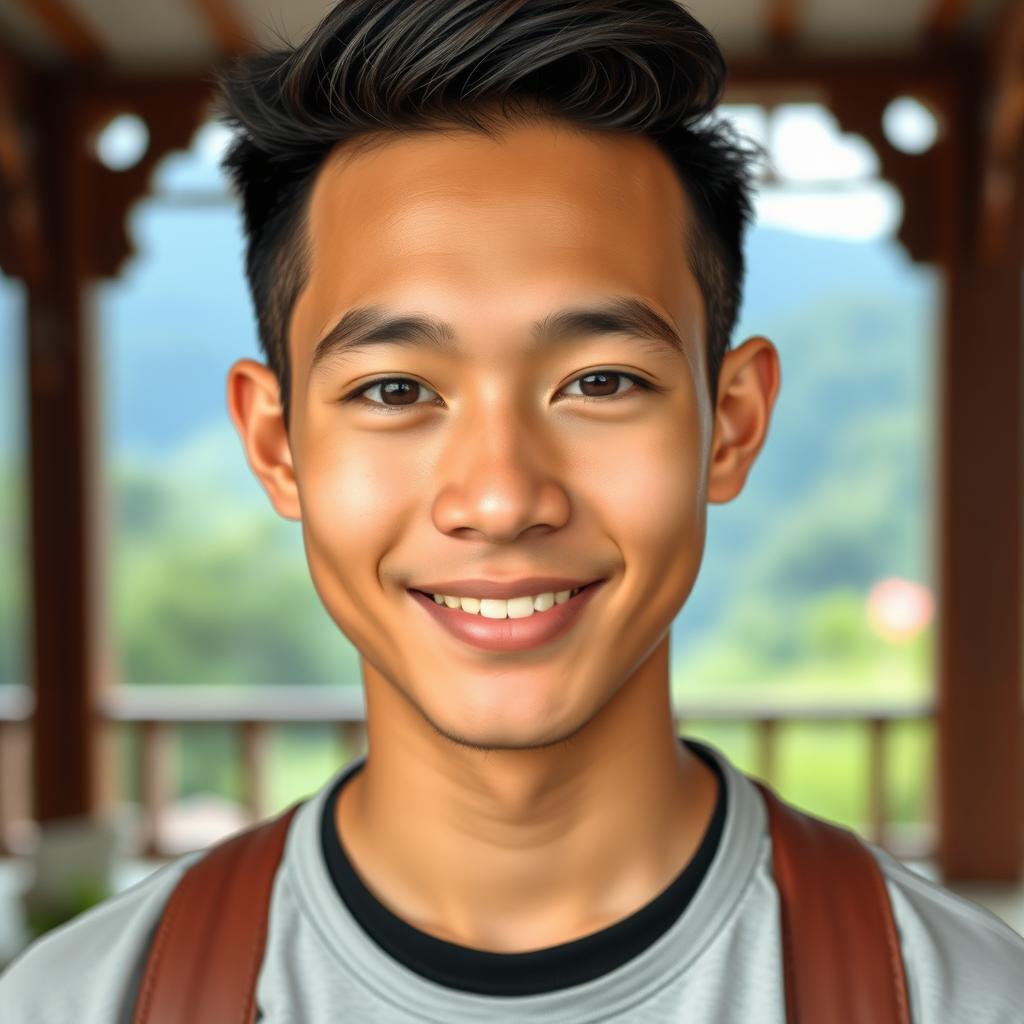 A handsome young Indonesian man with a fair complexion, showcasing Central Asian heritage, characterized by his sweet and charming demeanor