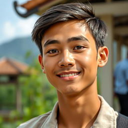 A handsome young Indonesian man with a fair complexion, showcasing Central Asian heritage, characterized by his sweet and charming demeanor