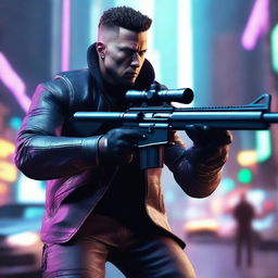 Craft a hyper-realistic, 4K image of a cool, handsome man in a cyberpunk style, engaged in a fight, handling a sniper rifle with a poised stance