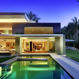 A luxurious mansion with a modern touch. Showcasing sleek design, minimalist architecture, expansive glass walls overlooking manicured lawns and a swimming pool.