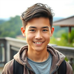 A handsome young Indonesian man with a fair complexion, showcasing Central Asian heritage, characterized by his sweet and charming demeanor