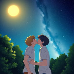 A tender moment between two teenage boys sharing a kiss in the moonlight, surrounded by a serene forest