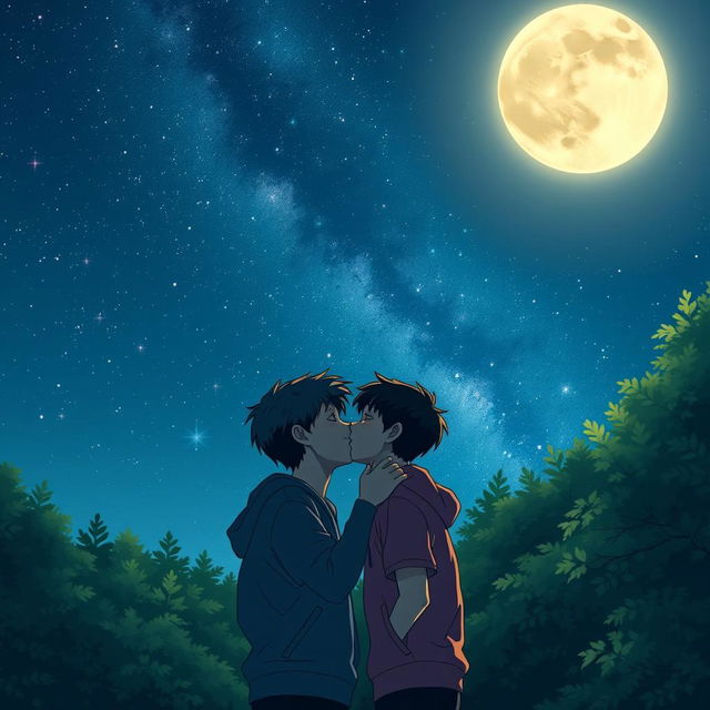 A tender moment between two teenage boys sharing a kiss in the moonlight, surrounded by a serene forest