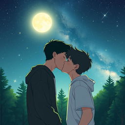 A tender moment between two teenage boys sharing a kiss in the moonlight, surrounded by a serene forest
