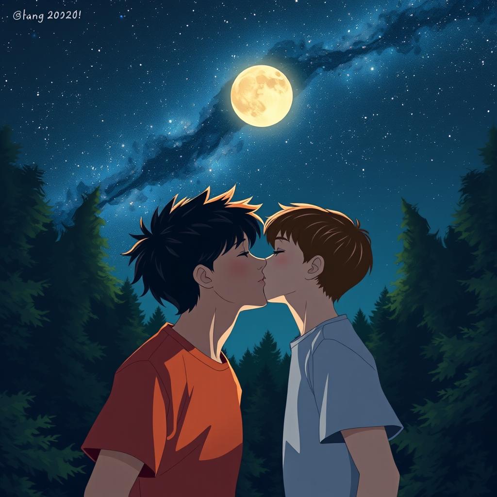 A tender moment between two teenage boys sharing a kiss in the moonlight, surrounded by a serene forest