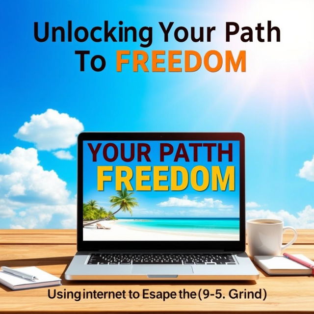 An inspirational eBook cover design titled "Unlocking Your Path to Freedom: Using the Internet to Escape the 9-5 Grind"