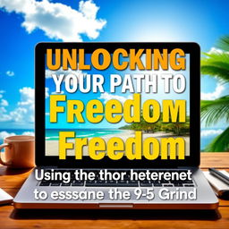 An inspirational eBook cover design titled "Unlocking Your Path to Freedom: Using the Internet to Escape the 9-5 Grind"