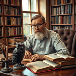 A book collector with a beard and glasses sitting at his desk, meticulously caring for his precious book collection