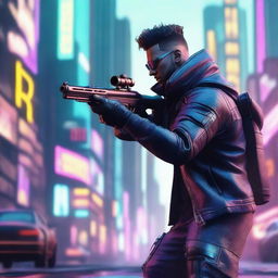 Craft a hyper-realistic, 4K image of a cool, handsome man in a cyberpunk style, engaged in a fight, handling a sniper rifle with a poised stance