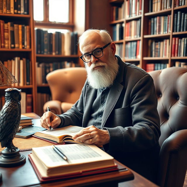 A book collector with a beard and glasses sitting at his desk, meticulously caring for his precious book collection