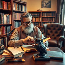A book collector with a beard and glasses sitting at his desk, meticulously caring for his precious book collection