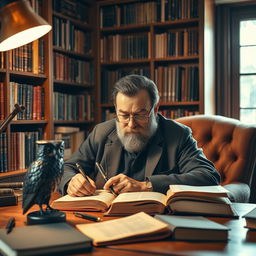 A book collector with a beard and glasses sitting at his desk, meticulously caring for his precious book collection