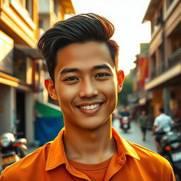 A handsome Indonesian male with a mixed Central Asian heritage, featuring a sweet baby face and attractive facial features