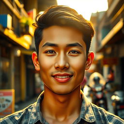 A handsome Indonesian male with a mixed Central Asian heritage, featuring a sweet baby face and attractive facial features