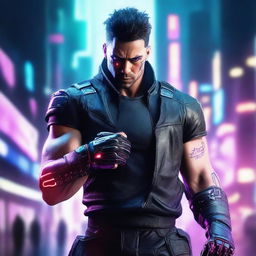 Construct a hyper-realistic, 4K image of a handsome, cool man battling in the cyberpunk universe, wielding a powerful gauntlet