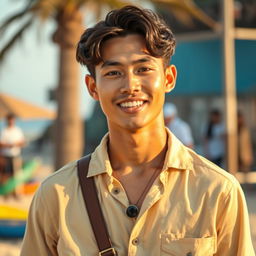 A full-body portrait of a handsome Indonesian male with a mix of Central Asian heritage, featuring a sweet baby face and attractive features