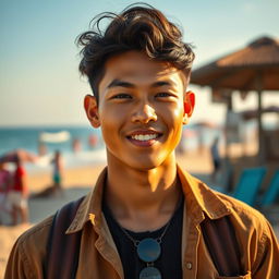 A full-body portrait of a handsome Indonesian male with a mix of Central Asian heritage, featuring a sweet baby face and attractive features