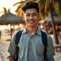 A full-body portrait of a handsome Indonesian male with a mix of Central Asian heritage, featuring a sweet baby face and attractive features