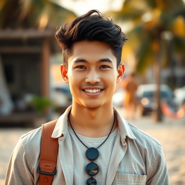 A full-body portrait of a handsome Indonesian male with a mix of Central Asian heritage, featuring a sweet baby face and attractive features