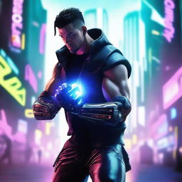 Construct a hyper-realistic, 4K image of a handsome, cool man battling in the cyberpunk universe, wielding a powerful gauntlet